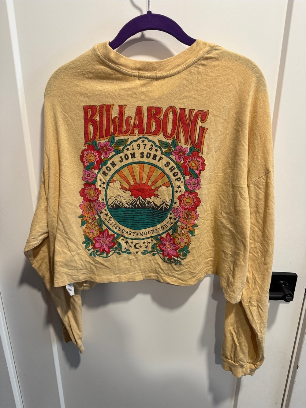 Billabong Ron Jon Surf Yellow Floral Sunrise Cropped LS Tee NWT